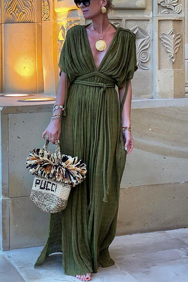 Kiara - Kimono-Maxikleid aus Leinenmischung im griechischen Stil mit Zöpfen und Schlitz