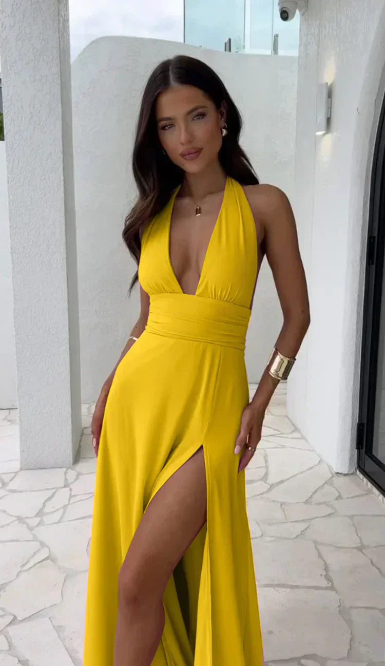 Bernadette - Sexy Tiefes V-Ausschnitt-Split-Solid-Farben-Kleid